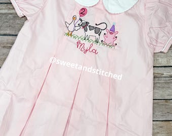 Monogrammed Farm Birthday Dress: Pleated Girls Collared Dress