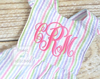 Monogrammed baby girl rainbow ruffle bubble with hot pink monogram, Seersucker girls bubble monogrammed, summer romper, girls Beach Outfit