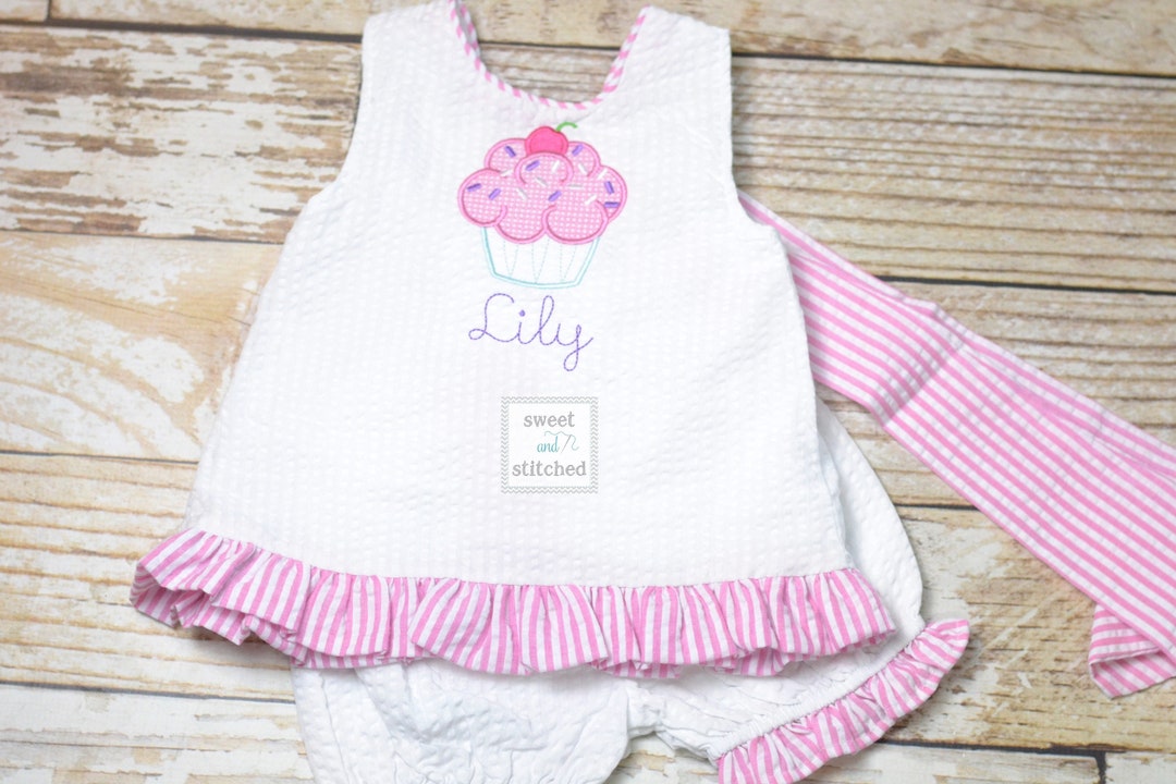 Baby Girl Swing Back Bloomer Set, Cupcake Birthday Outfit, Monogrammed