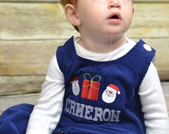 Baby boy Christmas outfit, Toddler Boys Christmas overalls, Boys monogrammed santa outfit, Navy Corduroy Christmas Longall Outfit