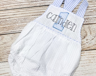 Monogrammed baby boy Birthday romper with 1 and name in seersucker, personalized boys bubble, boys cake smash outfit, 1st birthday outfit