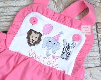 Monogrammed baby girl zoo themed ruffle bubble or dress in pink and white, baby girl zoo outfit, personalized zoo cake smash, 1st birthday