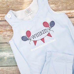 Monogrammed baby boy longall with balloons and bunting flags, baby boy birthday outfit, cake smash outfit, monogrammed corduroy outfit