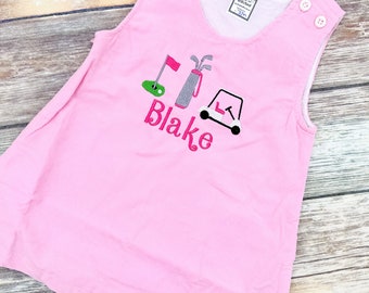 Baby girl monogrammed golf themed birthday jumper dress, monogrammed golf outfit, golf birthday cake smash