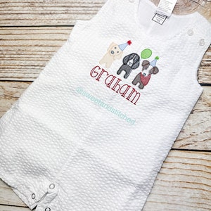 Monogrammed Boys Jon Jon with dog birthday design, Baby boy 1st birthday outfit, Personalized Baby boy puppy cake smash romper