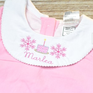 Baby girl monogrammed bishop bubble in pink corduroy, 1st birthday outfit with winter theme, cake smash outfit with snowflakes