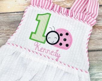 Monogrammed baby girl ruffle bubble with ladybug birthday design, baby ladybug themed birthday outfit, 1st birthday cake smash outfit