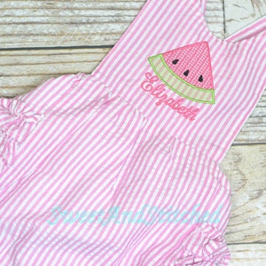 Monogrammed baby girl ruffle bubble with watermelons in pink and aqua, summer watermelon outfit, 1st birthday watermelon cake smash outfit