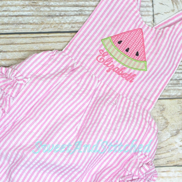 Monogrammed baby girl ruffle bubble with watermelons in pink and aqua, summer watermelon outfit, 1st birthday watermelon cake smash outfit