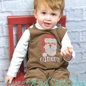 Baby Boy Christmas outfit with Santa face and name in vintage style, boys corduroy Santa overalls personalized, Monogrammed Christmas outfit