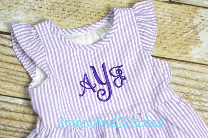 Monogrammed Seersucker Easter dress, toddler dress, baby girl easter dress personalized, Summer outfit, Baby Girl Beach Outfit image 2