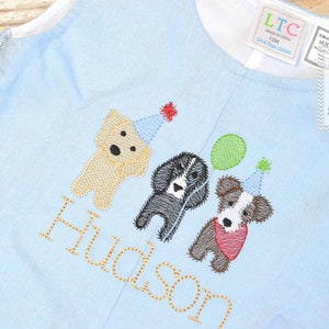 Monogrammed baby boy jon jon with puppies, puppy themed baby boy birthday outfit with name, beach outfit, monogrammed jon jon, cake smash