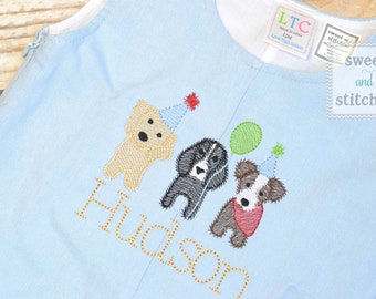 Monogrammed baby boy jon jon with puppies, puppy themed baby boy birthday outfit with name, beach outfit, monogrammed jon jon, cake smash