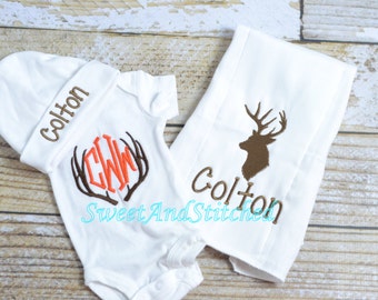 Personalized baby boy gift set, monogrammed hunting outfit, baby boy monogram, Baby boy take home outfit, camo, deer baby boy outfit