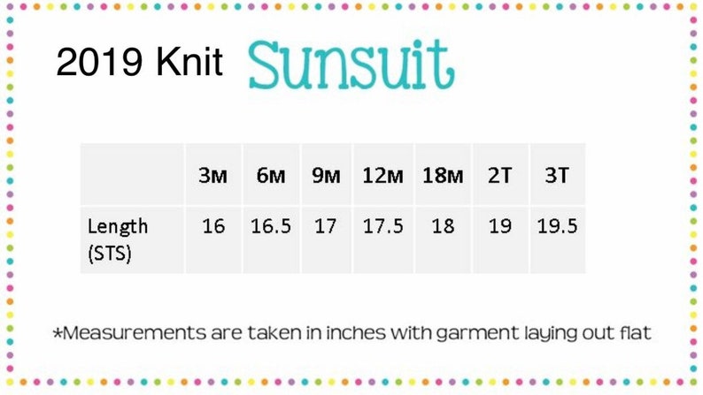 K&ouml;nnte beinhalten: Eine Gr&ouml;&szlig;entabelle f&uuml;r einen Strick-Playsuit in den Gr&ouml;&szlig;en 3 Monate bis 3T. Die Tabelle zeigt die L&auml;nge des Playsuits in Zoll f&uuml;r jede Gr&ouml;&szlig;e.