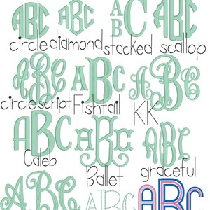 May include: A chart of different monogram font styles for 2020. The fonts are displayed in green and include styles like circle, diamond, stacked, scallop, script, fishtail, Caleb, Ballet, graceful, and rainbow.