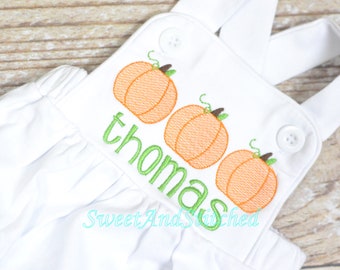 Monogrammed boys pumpkin romper, Boys fall or halloween outfit with pumpkins, baby boy bubble romper, baby boy pumpkin outfit