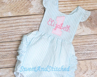 Monogrammed baby girl birthday bubble romper, 1st birthday outfit, personalized cake smash outfit, pink and aqua cake smash romper