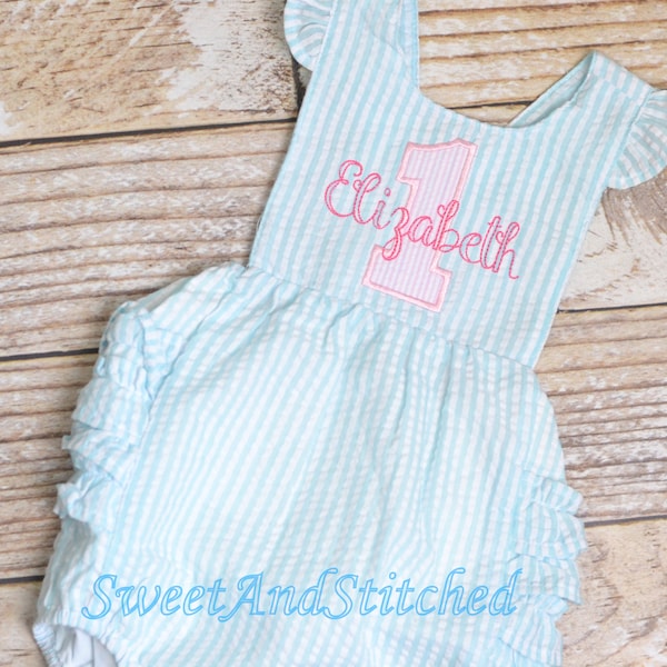 Monogrammed baby girl birthday bubble romper, 1st birthday outfit, personalized cake smash outfit, pink and aqua cake smash romper