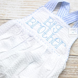 Monogrammed big brother outfit seersucker, boys cross backed bubble, boys summer romper, big brother bubble, big brother hospital outfit