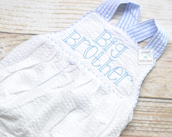 Monogrammed big brother outfit seersucker, boys cross backed bubble, boys summer romper, big brother bubble, big brother hospital outfit