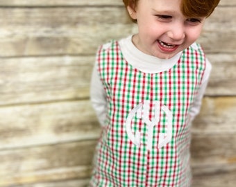 Monogrammed Christmas outfit boys in christmas plaid gingham, Boys Christmas overalls, Christmas longall, boys 1st Christmas outfit