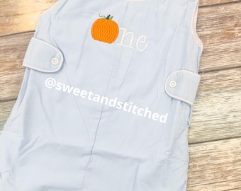 Monogrammed boys pumpkin birthday outfit in baby blue, Boys pumpkin birthday Jon Jon in blue corduroy, fall 1st birthday outfit