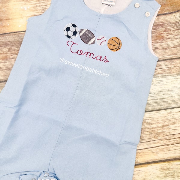 Monogrammed boys jon jon with sports design, baby boy birthday outfit with basketball baseball soccer ball football name, cake smash outfit