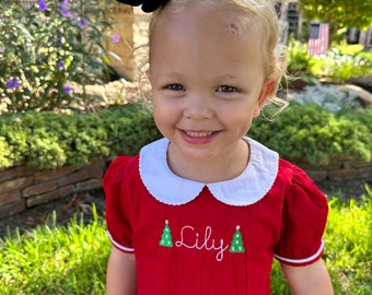 Girls monogrammed Christmas dress, Red Corduroy Collared Christmas dress, Monogrammed Corduroy Christmas dress with name and design