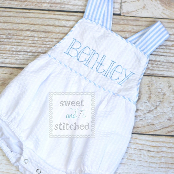 Monogrammed baby boy outfit, monogrammed boys seersucker bubble, baby boy romper, sunsuit, summer beach outfit, personalized boys clothing