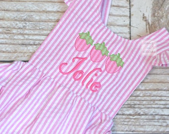 Monogrammed baby girl ruffle bubble with strawberries in pink, summer strawberry outfit, 1st birthday strawberry cake smash outfit