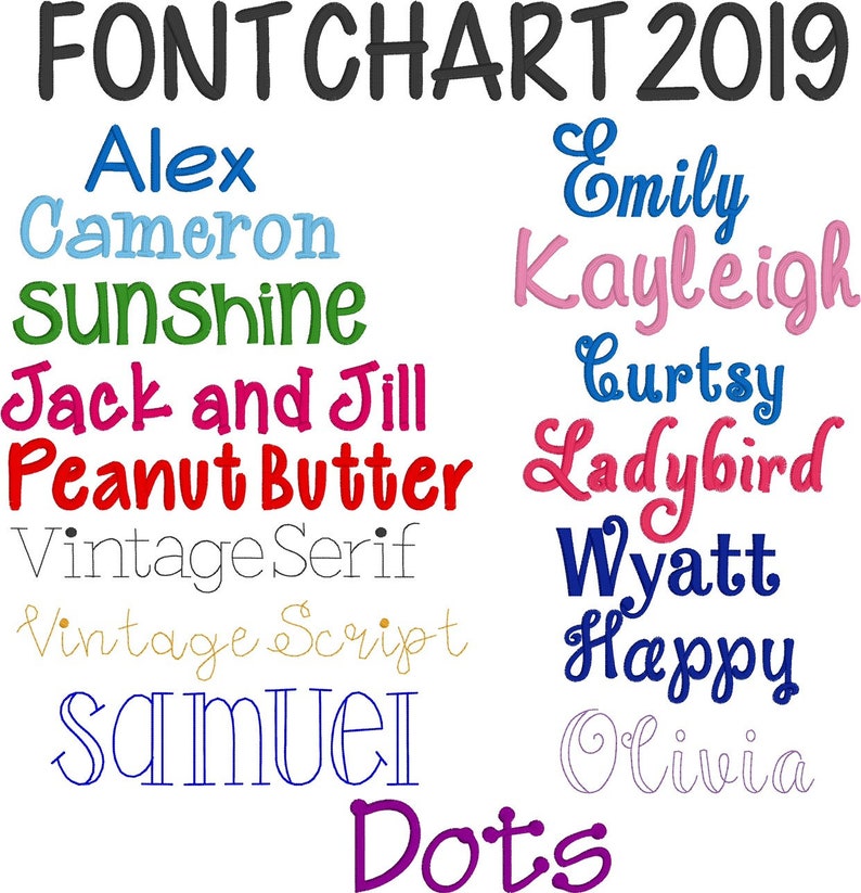 K&ouml;nnte beinhalten: Eine Tabelle mit einer Auswahl verschiedener Schriftarten in verschiedenen Farben. Die Tabelle tr&auml;gt den Titel "FONT CHART 2019".