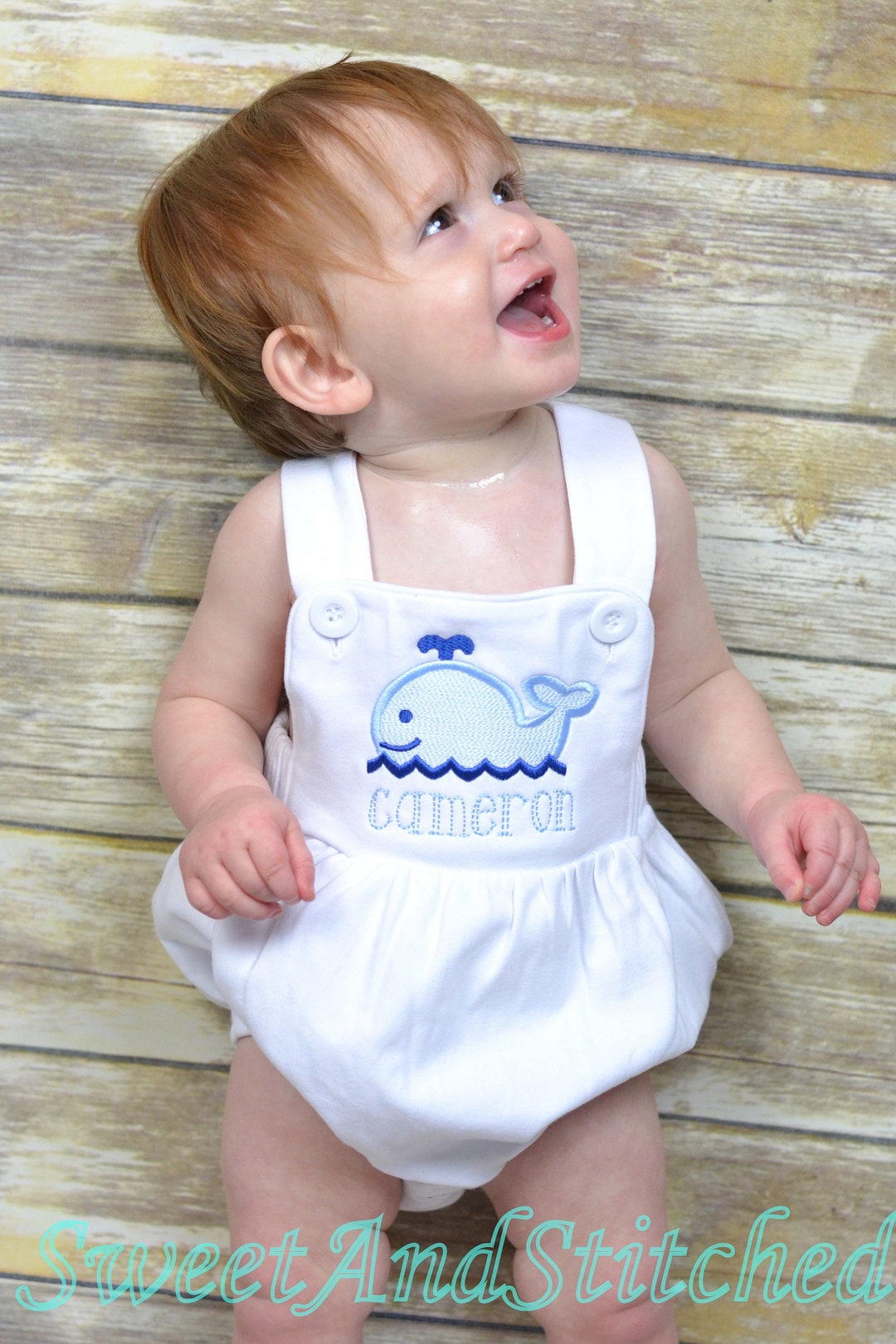 Monogrammed Boys Whale Outfit, Baby Boy Bubble Romper for Summer Cake