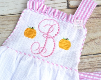 Monogrammed baby girl ruffle bubble with pumpkin monogram, fall pumpkin bubble outfit, thanksgiving outfit, pumpkin patch outfit