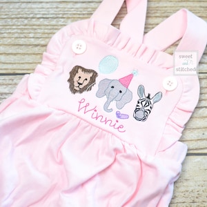 Monogrammed baby girl zoo themed ruffle bubble or dress in pink, baby girl zoo outfit, personalized zoo cake smash, 1st birthday