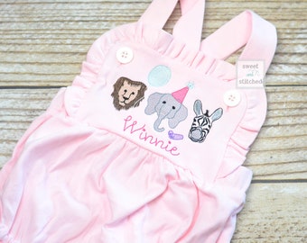 Monogrammed baby girl zoo themed ruffle bubble or dress in pink, baby girl zoo outfit, personalized zoo cake smash, 1st birthday