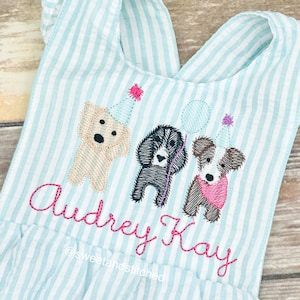 Monogrammed baby girl ruffle bubble with birthday dog birthday design in  aqua, puppy cake smash, dog 1st birthday outfit