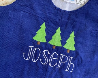 Baby boy Christmas outfit in navy corduroy with christmas tree design, Toddler Boys Christmas overalls, Boys monogrammed santa outfit