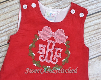 Monogrammed Christmas dress with holly design, Corduroy Christmas jumper dress, 1st Christmas outfit, monogrammed sibling christmas outfits