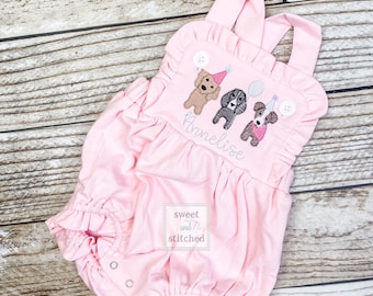 Monogrammed pink baby girl cake smash outfit with puppy dogs and name, girls birthday outfit, 1st birthday puppy themed cake smash outfit