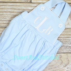 Monogrammed baby boy bubble, monogrammed boys romper, baby blue baptism outfit, baby dedication outfit, monogrammed cross backed sunsuit