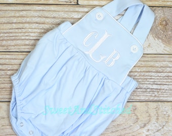 Monogrammed baby boy bubble, monogrammed boys romper, baby blue baptism outfit, baby dedication outfit, monogrammed cross backed sunsuit