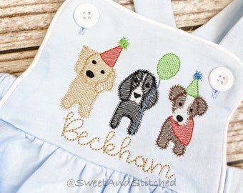 Monogrammed baby boy Birthday romper with puppies, dog birthday outfit, puppy or dog themed cake smash outfit, balloon birthday outfit