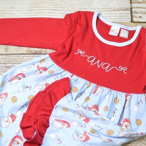 Personalized girls Christmas dress red ruffle Christmas dress with santa cookies and milk design Ruffle christmas dress, monogrammed image 1