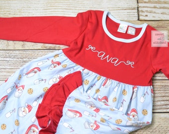 Personalized girls Christmas dress - red ruffle Christmas dress with santa cookies and milk design- Ruffle christmas dress, monogrammed
