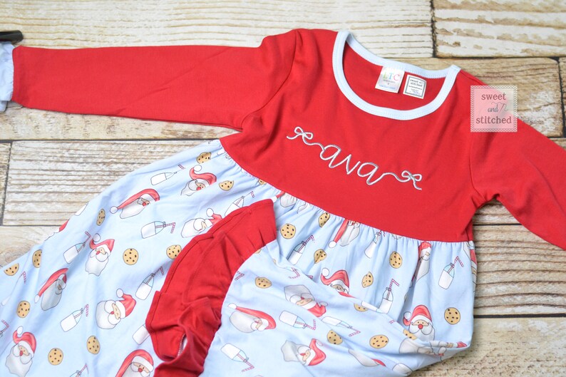 Personalized girls Christmas dress red ruffle Christmas dress with santa cookies and milk design Ruffle christmas dress, monogrammed image 1