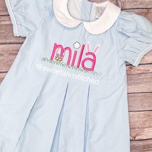 Girls monogrammed Easter dress in blue, Cotton pleated Easter dress with Easter font, personalized Easter dress with collar, pink or blue