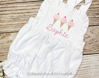 Monogrammed baby girl ruffle bubble with ice cream, girls summer ice cream cone outfit, 1st birthday cake smash outfit, Summer Beach Outfit