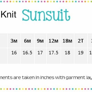 May include: A size chart for a knit sunsuit in sizes 3 months to 3T. The chart shows the length in inches (STS) for each size.