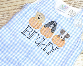 Personalized Boys Pumpkin outfit with pumpkin dogs design and name - Baby Boy fall, halloween, thanksgiving Outfit, thanksgiving overalls